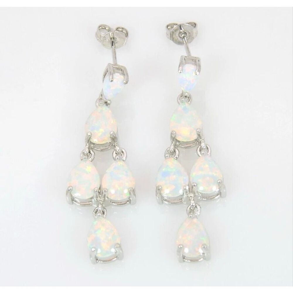 Silver White Fire Opal Chandelier Earrings